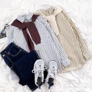 Long-sleeve Striped Shirt / Plain Shawl