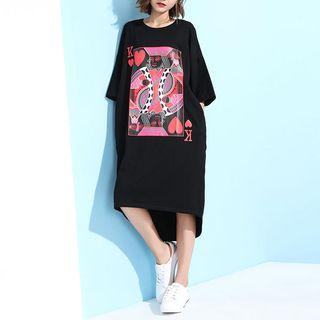 Elbow-sleeve Printed Midi T-shirt Dress