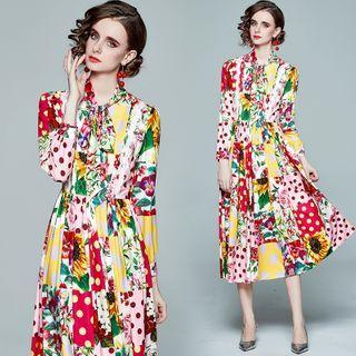 Long-sleeve Dotted Panel Flower Print Midi A-line Dress