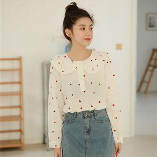 Long-sleeve Peter Pan Collar Heart Print Top Wine Red - One Size
