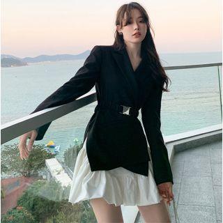 Notch Lapel Slit-side Blazer / Ruffled A-line Skirt