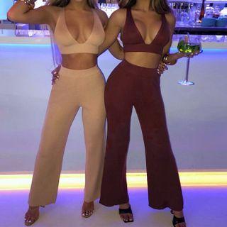 Set: Deep V-neck Tank Top + Wide Leg Pants