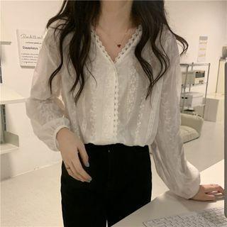 V-neck Lace Sheer Long-sleeve Top White - One Size