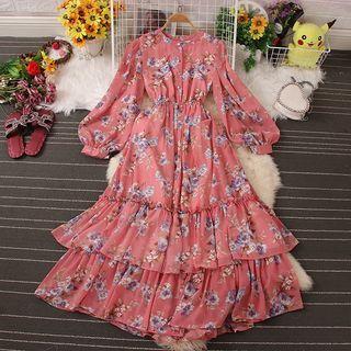 Balloon-sleeve Floral Chiffon Maxi A-line Dress