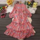 Balloon-sleeve Floral Chiffon Maxi A-line Dress