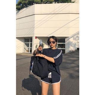 Set: Round-neck Contrast-trim Top + Band-waist Shorts