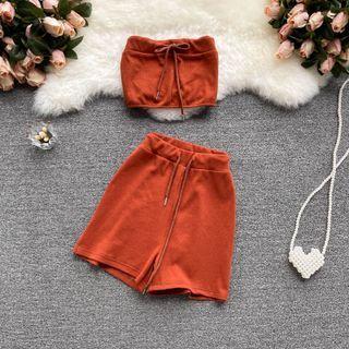 Set Of 2 : Cropped Drawstring Bandeau + High-waist Wide-leg Pants