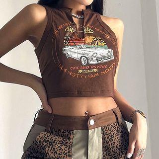 Lettering Car Print Crop Tank Top