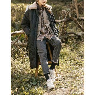 Faux-fur Collar Quilted Coat Black - One Size