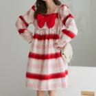 Color-block Plaid Puff-sleeve Acrylic Dress