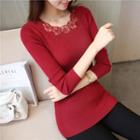 Long-sleeve Lace-neck Knit Top