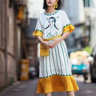 Pleated Panel Elbow-sleeve Midi Shirt Dress