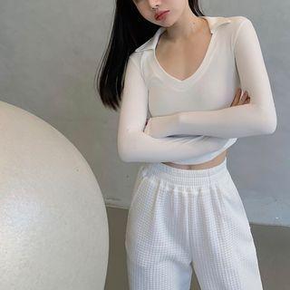 Long-sleeve Collared Cropped Sports T-shirt