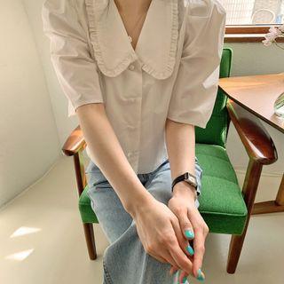 Collar Ruffle Plain Short Sleeve Crop Shirt