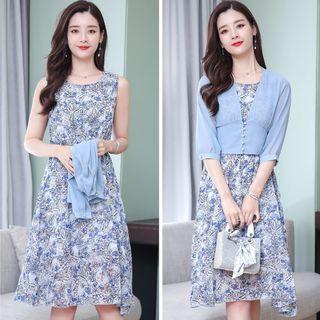 Set: Floral Print Sleeveless Dress + V-neck Cropped Cardigan