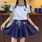 Short-sleeve Smiley Face Embroidered T-shirt / Mini A-line Skirt