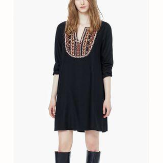 Embroidered Yoke Long-sleeve Dress