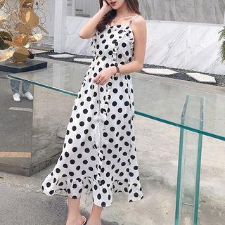 Spaghetti Strap Frill Trim Polka Dot A-line Midi Dress