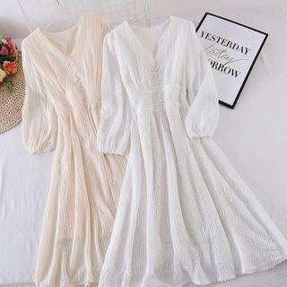 V-neck Striped Puff-sleeve Dress