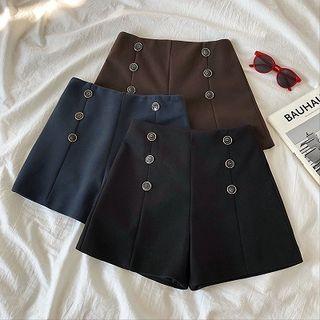 Plain Double-breasted Acrylic High-waist Shorts