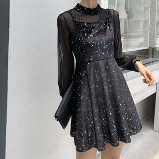 Set: Mesh Long-sleeve Top + Star Print Spaghetti-strap Mini A-line Dress