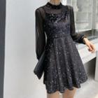 Set: Mesh Long-sleeve Top + Star Print Spaghetti-strap Mini A-line Dress