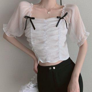 Square Collar Shirred Chiffon Crop Top