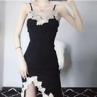 Lace Trim Spaghetti Strap Bodycon Dress Black - One Size