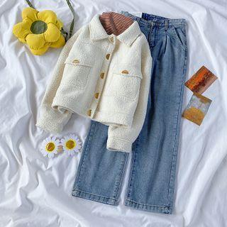 Fleece Button Jacket / Mock-neck Long-sleeve T-shirt / Straight Fit Jeans