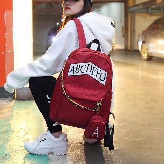 Lettering Nylon Backpack With Pouch