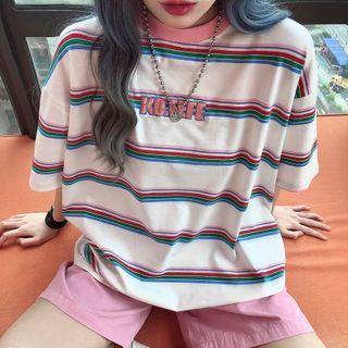 Lettering Short-sleeve Crewneck Striped T-shirt White - One Size