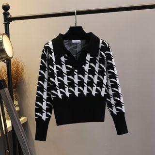 Long-sleeve Houndstooth Open-collar Knit Top Black - One Size