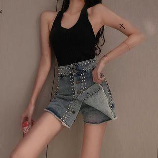 Faux Pearl Frayed Denim Skort