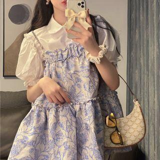 Plain Ruffle Button-up Oversize Blouse / Floral Ruffle A-line Mini Dress