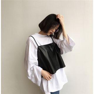 Set: Long-sleeve T-shirt + Faux Leather Cami Top White - One Size