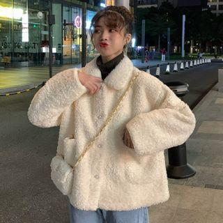 Plain Long-sleeve Fleeced Button Jacket With Bag