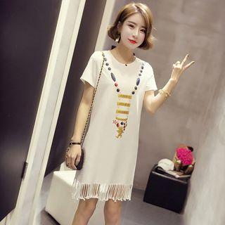 Short-sleeve Print Fringed T-shirt Dress