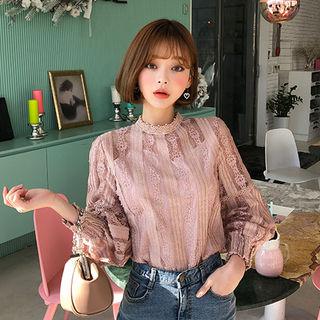 Bishop-sleeve Sheer Lace Blouse