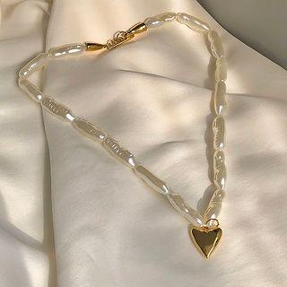 Alloy Heart Pendant Faux Pearl Choker 1 Pc - As Shown In Figure - One Size