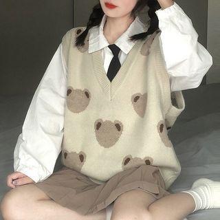 Long-sleeve Shirt / Bear Print Knit Vest / Pleated Mini A-line Skirt