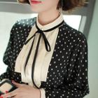 Set: Mandarin-collar Patterned Blouse + Ruffle-hem Skirt