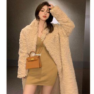 Fluffy Long Coat / Spaghetti Strap Dress