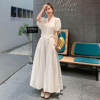 Puff Short-sleeve Maxi A-line Dress
