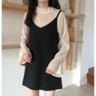 Bell-sleeve Mock-neck Top/ Spaghetti Strap Pinafore Dress As Shown In Figure - One Size
