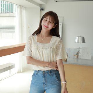 Square-neck Checked Shirred Top