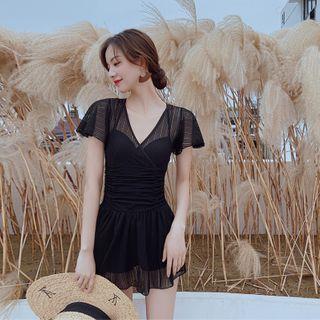 Ruched Short-sleeve Swim Dress