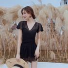 Ruched Short-sleeve Swim Dress