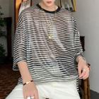 3/4-sleeve Striped Mesh Top