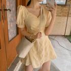 Puff-sleeve Shirred A-line Skirt