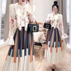 Set: Flower Print Ruffle Blouse + Striped Maxi A-line Skirt